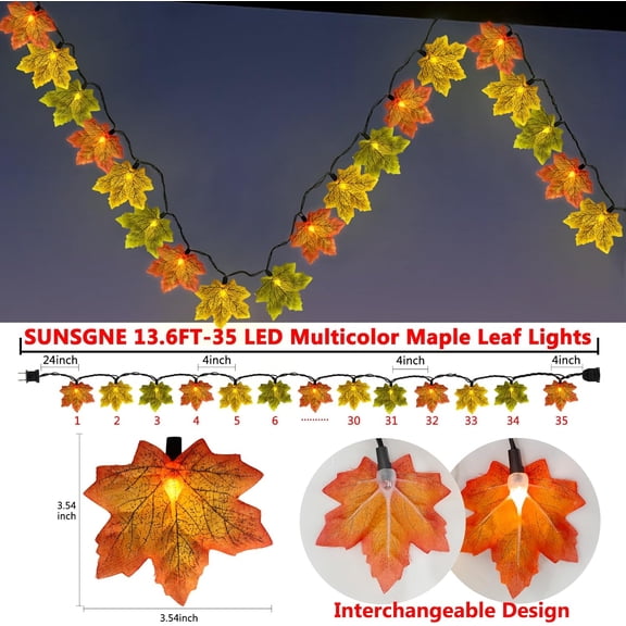 PYAN-13.6FT Fall Lights Thanksgiving String Lights, 35LED Orange Yellow Green Maple Leaf String Lights for Thanksgiving Autumn Halloween Party Indoor Bedroom Home Decor