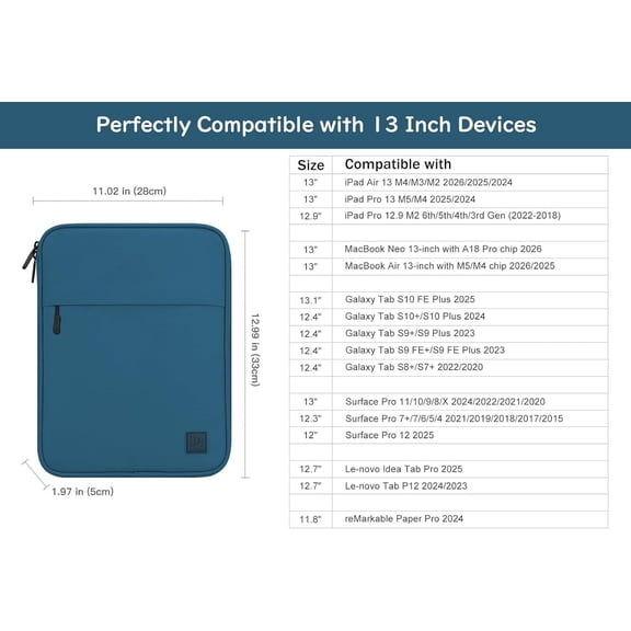 PYAN-13 Inch Tablet Sleeve Padded Carrying Case for New iPad Air 13" M4/M3 2026/2025, iPad Pro 13" M5/M4 2025/2024, Galaxy Tab S10+/S9 FE+/S9+ 12.4", Remarkable Paper Pro 11.8", Peacock Blue