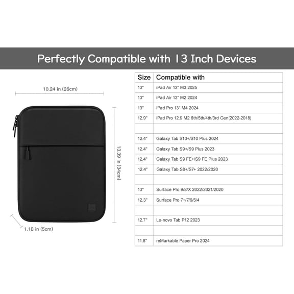 PYAN-13 Inch Tablet Sleeve Padded Carrying Case for New iPad Air 13" M4/M3 2026/2025, iPad Pro 13" M5/M4 2025/2024, Galaxy Tab S10+/S9 FE+/S9+ 12.4", Remarkable Paper Pro 11.8", Black