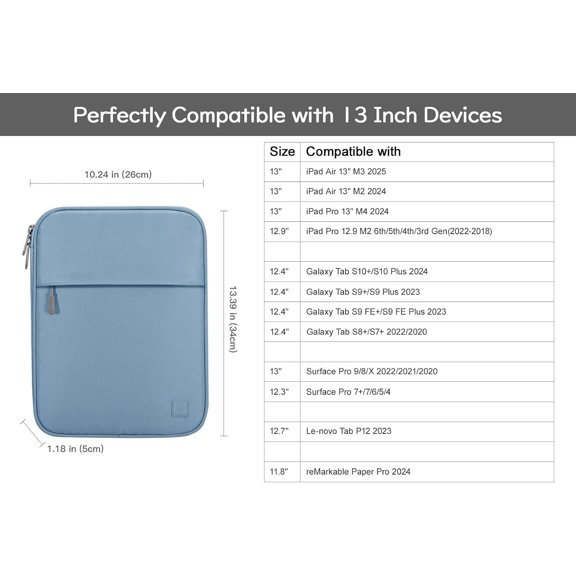 PYAN-13 Inch Tablet Sleeve Padded Carrying Case for iPad Pro 13" M4 2024, iPad Air 13", iPad Pro 12.9", Samsung Galaxy Tab S10+ Plus/S9 FE+/S9+ Plus 12.4", Remarkable Paper Pro 11.8", Blue