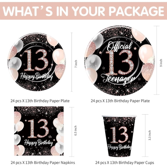 PYAN-13th Birthday Decorations Tableware Girl, Black and Rose Gold Happy Officially Theme 13 Teenager Birthday Party Supplies, Paper Plate and Napkin Set, Cup, Cutlery, Tablecloth, Serves 24