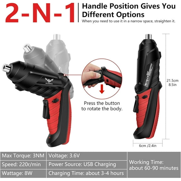 PYAN-14 in 1 Electric Screwdriver Cordless 3.6V Small Power Drill Set 3Nm Max Torque Rotatable Electric Screwdriver with LED Light Home Improvement & Furniture Assembly (Red)