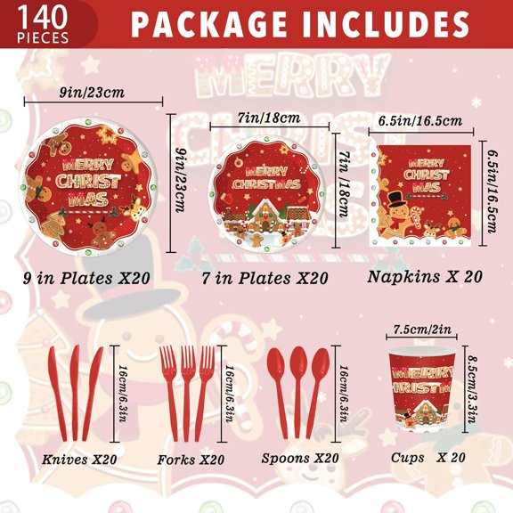 PYAN-140Pcs Christmas Gingerbread Party Decorations Tableware Set Christmas Gingerbread Party Supplies Gingerbread Man Paper Plate and Napkins Xmas Gingerbread Paper Plates, Serve for 20 Guest