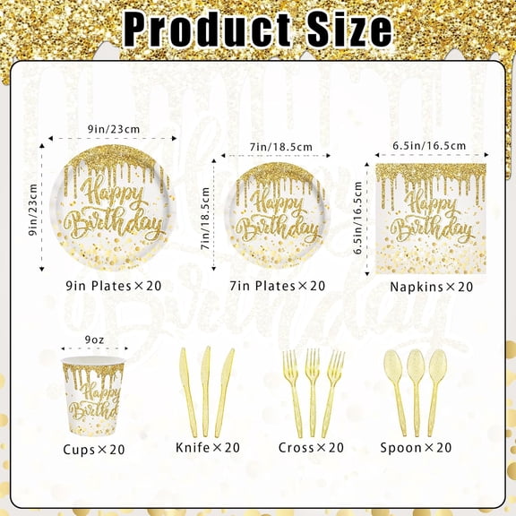 PYAN-140Pcs Golden Happy Birthday Party Decorations White Gold Paper Plates Napkins Cups Tableware Set Women Men Birthday Themed Party Decor for 20 Guests