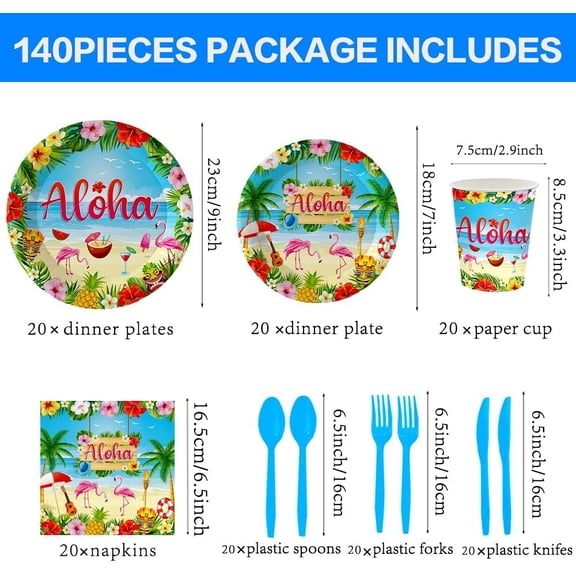 PYAN-140Pcs Hawaiian Aloha Party Supplies Tableware Set Luau Tropical Party Plates and Napkins Summer Birthday Party Decorations Aloha Plates, Serve for 20