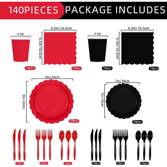 PYAN-140Pcs Red and Black Party Supplies BlackRed Birthday Scalloped Plates and Napkins CarnivalDisposable Tableware Set for Wedding Fiesta HalloweenBirthday Party supplies Decor Serves 20