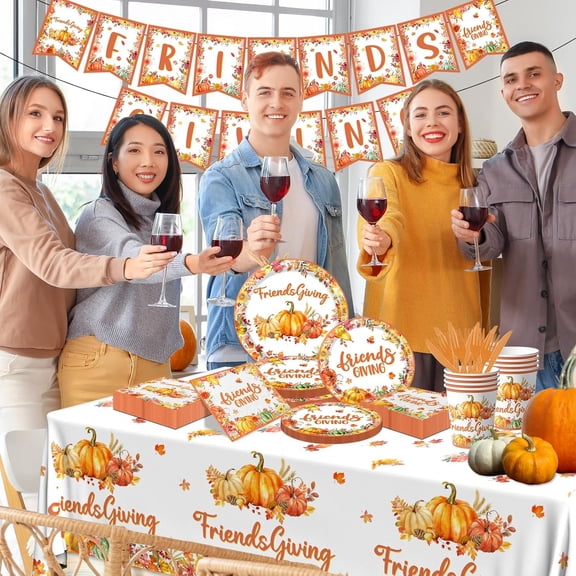 PYAN-142Pcs Friendsgiving Party Decorations-Thanksgiving Plates and Napkins Kit Fall Pumpkin Friendsgiving Theme Tableware Party Supplies