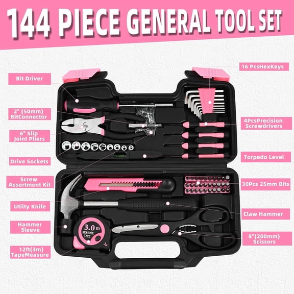 PYAN-144-Piece Pink Tool Kit Basic Home Repair Tool Set General Household Hand Tool Kit Small Tool Kit with Plastic Toolbox Mini Tool kit for Women, Office & College Repairs