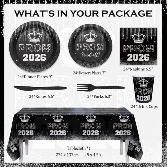 PYAN-145PCS Prom Send Off Decorations 2026 Black and Silver Prom Paper Plates Cups and Napkins Sets 2026 Graduation Party Supplies Disposable Tableware Set with Tablecloth Serves 24 Guests