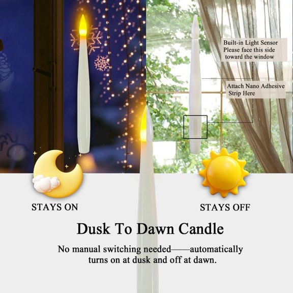 PYAN-14PC Window Candles with Light Sensor Dusk to Dawn, Window Candles Battery Operated with Nano Adhesive Strip, 6.1" Flameless Taper Candle for Halloween, Christmas, Xmas Holiday Home Decor