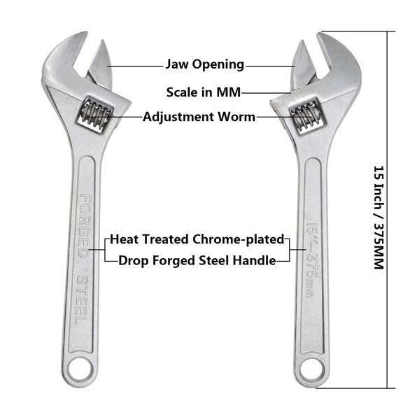 PYAN-15 Inch Silver Adjustable Wrench, 45mm Wide Jaw Opening, Drop Forged Steel Heat Treated Chrome-plated, Professional Garage DIY Classic Proto Tools
