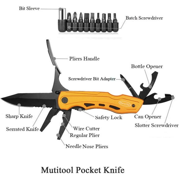 PYAN-15-in-1 Pocket Multitool Knife - Folding Knife with Pliers, Bottle & Can Opener, Phillips Screwdriver + 9 Bits, Nylon Sheath - EDC Multi Tool for Camping, Hiking & DIY - Gifts for Men & Dad