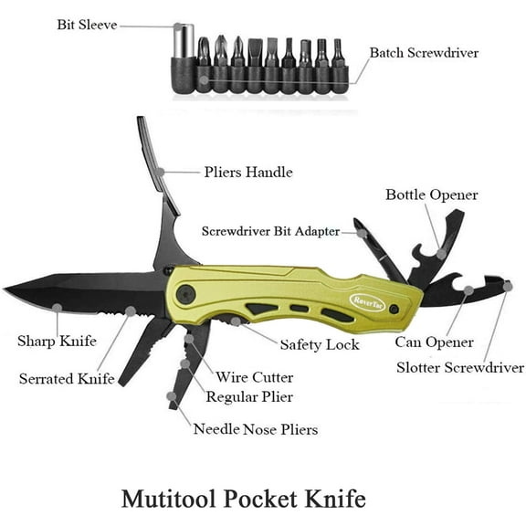 PYAN-15-in-1 Pocket Multitool Knife - Folding Knife with Pliers, Bottle & Can Opener, Phillips Screwdriver + 9 Bits, Nylon Sheath - EDC Multi Tool for Camping, Hiking & DIY - Gifts for Men & Dad