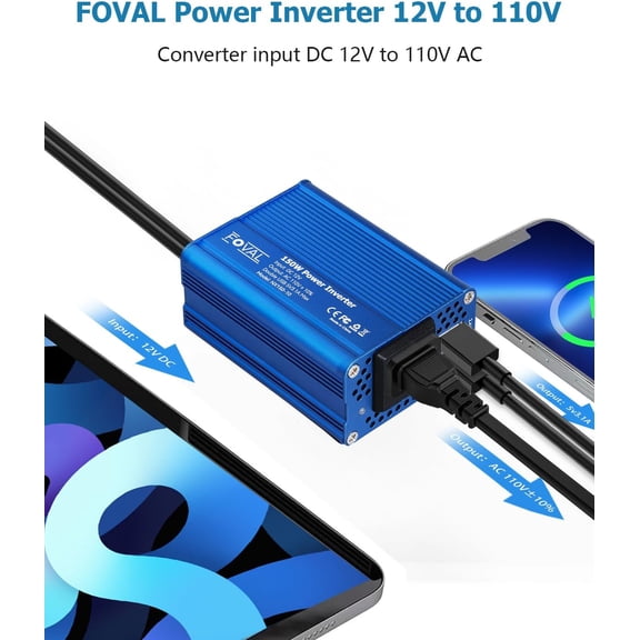 PYAN-150W Car Power Inverter 12V DC to 110V AC Converter Vehicle Adapter Plug Outlet with 3.1A Dual USB Car Charger for Laptop Computer (Classic Blue)