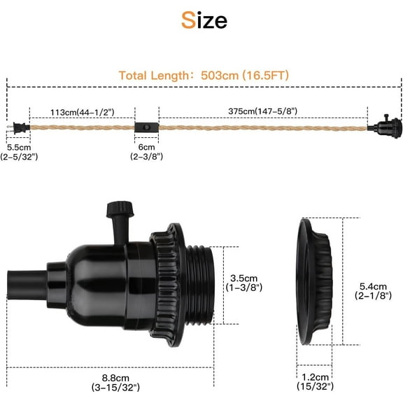 PYAN-16.5FT Pendant Light Kit, Hanging Lights with Plug in Cord & Switch, Hemp Rope Swag E26 Socket Pendant Lamp, Extension Lantern Cable Vintage Farmhouse Industrial Retro DIY Decoration Fixtures