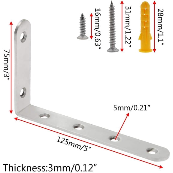 PYAN-16 Pcs L Shaped Brackets for Shelves - Heavy Duty Stainless Steel Decorative Corner Brace Joint Right Angle Wall Hanging Brackets with Screws, 5" x 3", Silver