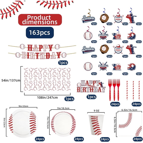 PYAN-163pcs Baseball Party Decorations, Baseball Birthday Decorations Include Baseball Plates and Napkins Set, Banner, Tablecloth, for Baseball Birthday Party Decorations, Serve 24