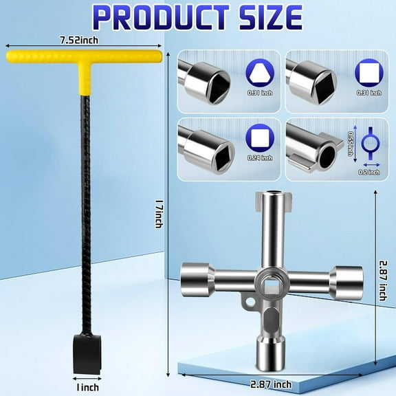 PYAN-17 Inch Water Meter Key Shut Off Tool with 4-way Multi-Functional Utilities Key, Steel T-Handle Water Meter Wrench for Curb Main and Water Meters, Underground Stop or Waste Valves