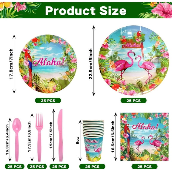 PYAN-175 Pcs Aloha Tropical Flamingo Party Supplies Set - Serves 25, Hawaiian Luau Disposable Tableware, Includes Plates, Cups, Napkins, Forks, Spoons, Knives for Summer Beach Birthday Pool Decoratio