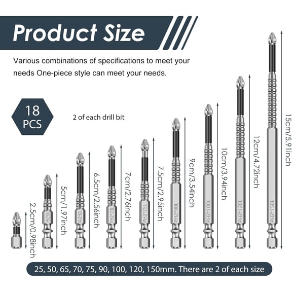 PYAN-18 Pcs High Magnetic Screwdriver Bits Set - K5 Anti Slip Bits for Drills, Impact Resistant Long Phillips Bit, Replacable Electric Screwdriver Drill Bit Set - 25/50/65/70/75/90/100/120/150mm