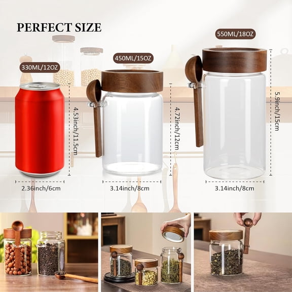 PYAN-18 oz/550 ml Glass Storage Canister with Airtight Wooden Lid, Clear Small Decorative Container Jar with Spoon for Salad Overnight Oats Snacks Yogurt Cereal Fruit Spice Sugar Coffee Candy Salt