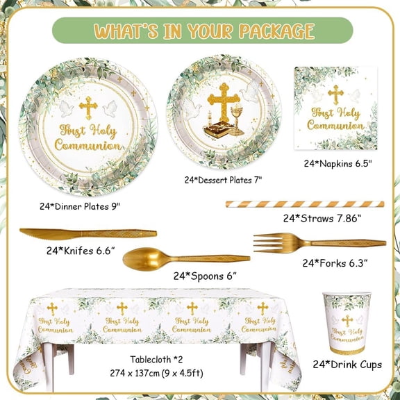 PYAN-194 Pcs Greenery First Holy Communion Baptism Party Decorations Supplies Mi Primera Comunion Party Decorations God Bless Disposable Tableware Set with Plates Napkins and Tablecloth Serves 24
