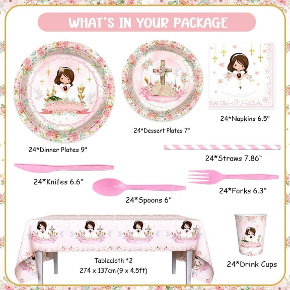 PYAN-194 Pcs Pink Mi Primera Comunion Party Supplies Decorations for Girl Pink First Holy Communion Party Decorations Disposable Tableware Set with Plates Napkins and Tablecloth Serves 24 Guests