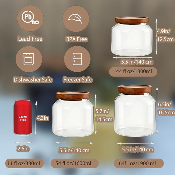 PYAN-1PC Glass Storage Jars with Airtight Lids, 54 fl oz (1600ml) coffee container with Wooden Lid, Glass Pantry Canister for Beans, Rice, Sugar and etc