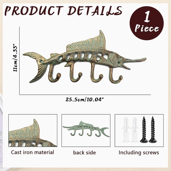 PYAN-1Pcs Heavy Duty Cast Iron Fish Hook Set with 4 Funky Wall Hooks, Rustic Vintage Key and Leash Holder for Outdoor Indoor Wall Decor, Bathroom, Garden, Entryway
