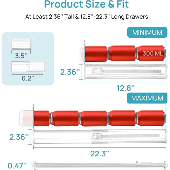 PYAN-2.36 Drawer Dividers with Expandable Inserts, 12.8"-22.3" Adjustable Kitchen Drawer Organizer, Clear Plastic Organizer Separator for Flatware, Utensil, Cutlery, 4 Dividers with 6 Inserts