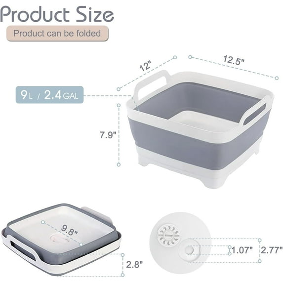 PYAN-2.4 Gal(9L) Collapsible Dish Basin with Drain Plug, Space Saving Outdoor Multiuse Foldable Sink Tub, Dishpan, Kitchen Storage Tray for Camping, Vegetable Washing, RV (Gray)