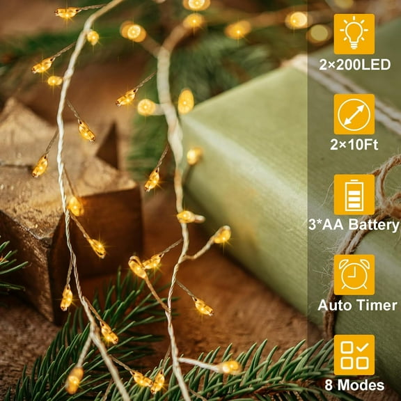 PYAN-2 Pack Cluster Fairy Lights Battery Operated, Total 20Ft 400 LED Christmas String Lights with Timer 8 Modes Silver Wire Firecracker Fairy Lights for Garlands Tree Wedding Decoration (Warm White)