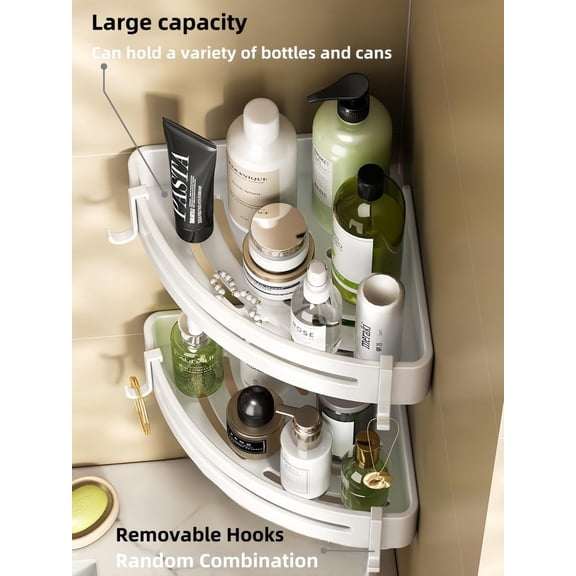 PYAN-2 Pack Corner Shower Caddy with Hooks,No Drilling Aluminium Shower Organizer for Bathroom&Kitchen,Secure with Nail-free Glue,Rustproof Inside Shower Rack Basket,Storage Accessories (White)
