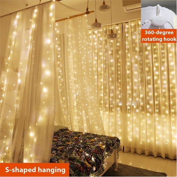 PYAN-2 Pack Curtain Lights, 300 LED Curtain Fairy Lights with Remote, 8 Modes 9.8 9.8 Ft Curtain String Lights, USB Plug in Copper Wire Lights for Bedroom Window Chrismas Wedding Party, Warm White