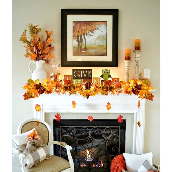 PYAN-2 Pack Fall Maple Leaf Garland, 5.9Ft/Piece Hanging Vine With 16.4ft 40 Led String Light, Artificial Autumn Thanksgiving Decor for Home Wedding Fireplace Party