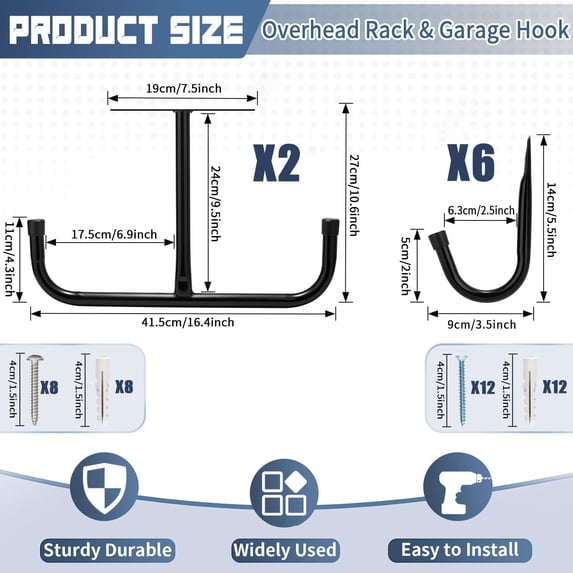 PYAN-2 Pack Overhead Garage Storage Rack with 6 J Hooks, 66Lbs/Ceiling Rack & 45Lbs/Hook, Heavy Duty Garage Ceiling Storage for Lumber, Ladder, Bike