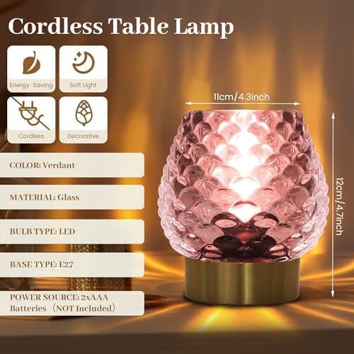 PYAN-2 Pack Small Battery Operated Lamp with Timer,Cordless Glass Battery Powered Lamp with LED Bulb for Small Spaces,Decorative for Bedroom/Bathroom/Kitchen/Dining/Living Room,Pink
