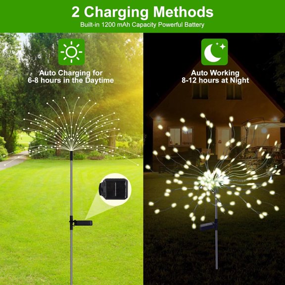 PYAN-2 Pack Solar Firework Lights Outdoor, 175 LED Garden Lights with 2 Modes, Waterproof DIY Copper Wire Solar Starburst Light for Yard Wedding Patio Halloween Christmas DecorWarm White