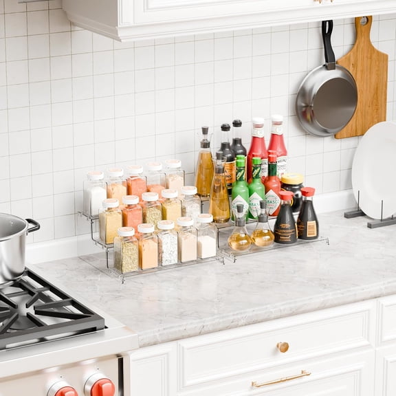 PYAN-2 Pack Tiered Spice Rack Organizer for Cabinet,Pantry,3 Tier Clear Acrylic Spice Rack Organizer & Holder,Step Shelves for Vitamin,Medicine Bottle,Jar,Can,Condiment Organizer and Seasoning Shelf