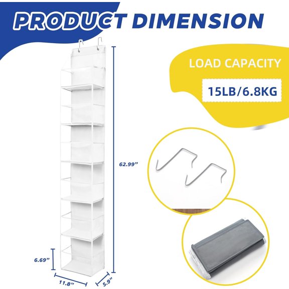 PYAN-2 Packs Over The Door Organizer - 6-Shelf Hanging Storage Organizer with Clear Plastic Pockets - Large Capacity Pantry Storage Shelf for Bathroom, Bedroom, Nursery (White)
