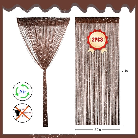 PYAN-2 Pieces Brown Glitter String Curtains, 39x79 Inch Doorway Beads Curtains, String Curtain for Doorway, Room, Closet Partition, Windows Wedding Party Boho Tassel Home Decoration