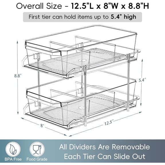 PYAN-2 Tier Clear Organizer with Dividers for Cabinet, Shlef, Counter - MultiUse Slide-Out Storage Container - Kitchen, Pantry, Medicine Cupboard Bins, Bathroom, Vanity Makeup, Under Sink Organizing
