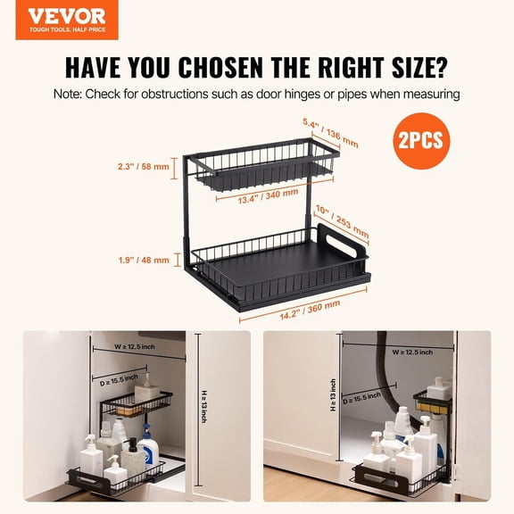 PYAN-2 Tier Pull Out Cabinet Organizer(10.7"W x 14.2"D), Under Sink Organizer and Storage, Slide Out Drawer Cabinet Organizer, Wire Basket Sliding Storage, 12.5"Wx15.5"Dx13"H Install Size for Cabinet