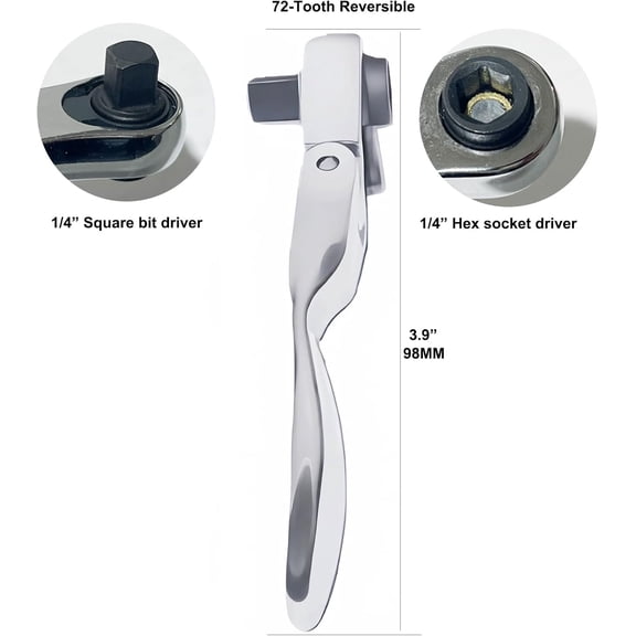 PYAN-2-in-1 Flex-Head 1/4" Ratchet Wrench 72-Tooth Reversible, Mini Socket & Hex Bit Driver, Alloy Steel Mirror Chrome, Stubby Handle for Tight Spaces Auto/DIY