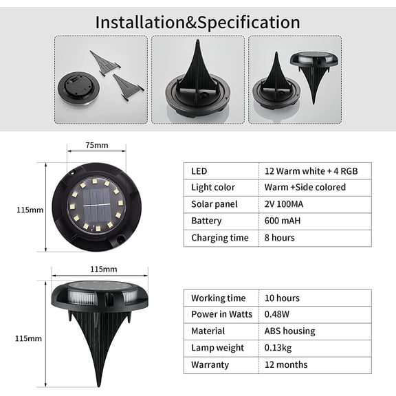 PYAN-2-in-1 Solar Ground Lights 12 LED Solar Deck Lights Outdoor Color Changing Driveway Solar Powered Disk Lights Waterproof In-Ground Light for Garden Lawn Pathway (Warm+Blue, 8 Pack)