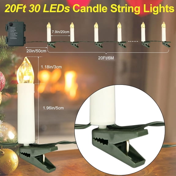 PYAN-20Ft 30 LED Candle String Lights Battery Operated Clip on Flameless Candle Lights for Christmas Tree Light with Auto Timer 8 Modes for New Year Wedding Garden Decoration (Warm White)