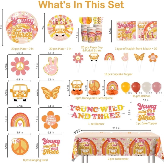 PYAN-213pcs Young Wild and Three Party Decorations Tableware Set, 25pcs Wild and Three Party Decorations Plate Napkins Tablecloth for 3 Year Old Birthday Decorations Girl, 25 Guests