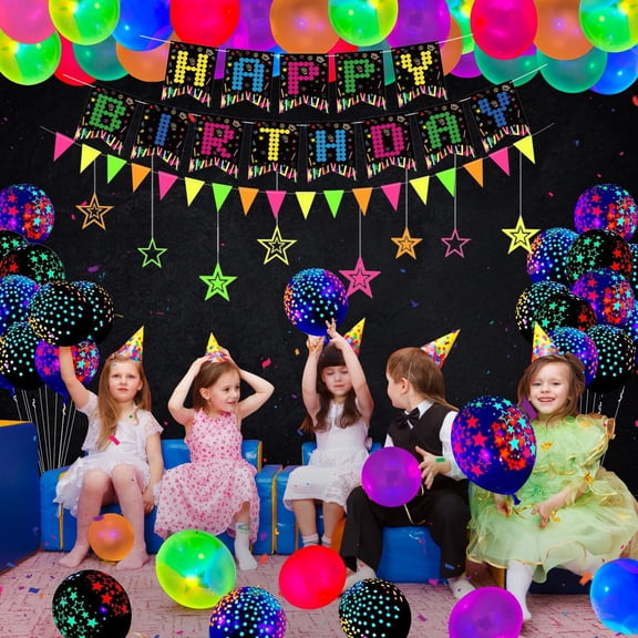 PYAN-238 PCS Glow Neon Party Supplies Glow in The Dark Party Decorations BlackLight Party Tableware Set - Plates, Banner, Fluorescent Balloons, Neon Glow Tablecloths, Hanging Stars, Cups, Napkins Ser