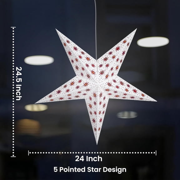 PYAN-24 Inch White Paper Star Lantern - 3D Hanging Decoration Lamp with Red Star Pattern, Handcrafted for Christmas, Parties, Weddings, Indoor/Outdoor Dcor
