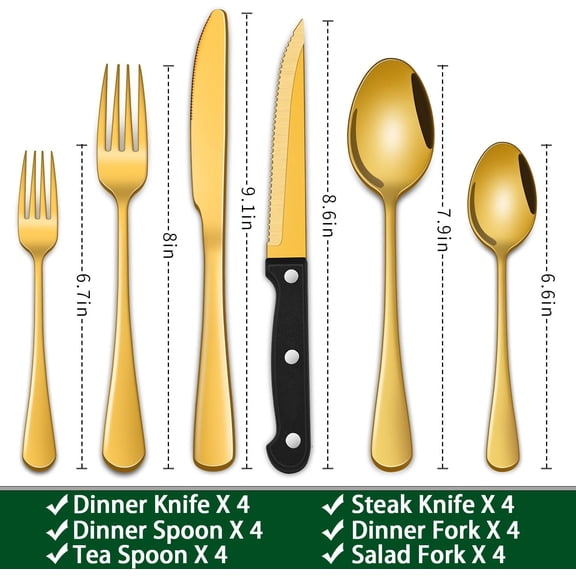 PYAN-24-Piece Gold Silverware Set with Steak Knives,Golden Flatware Sets Service For 4 Person For Home,Party,Restaurant,Durable Cutlery Sets,Includes Knife Spoon and Forks Sets